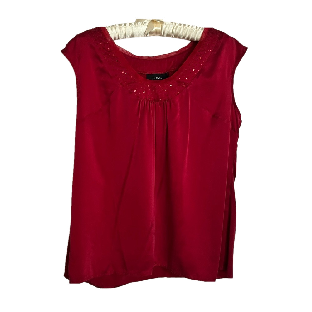 Alfani 💯silk sleeveless ruby red blouse with beaded/sequined neckline